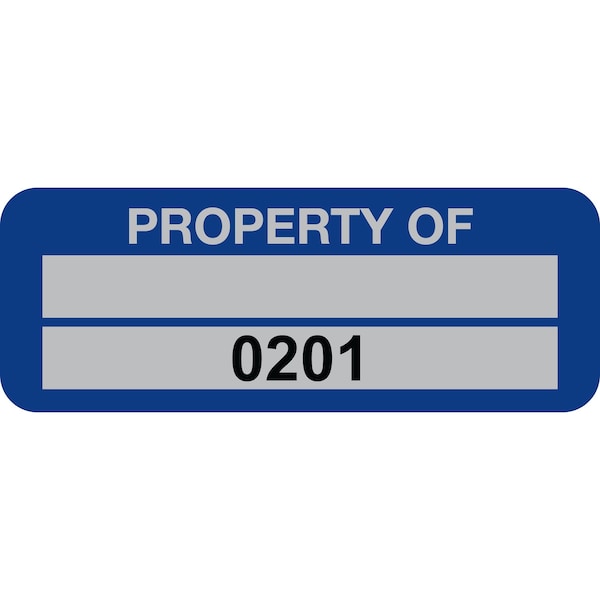 Lustre-Cal Property ID Label PROPERTY OF 5 Alum Blue 2in x 0.75in 1 Blank Pad&Serialized 0201-0300, 100PK 253740Ma2Bd0201 - main